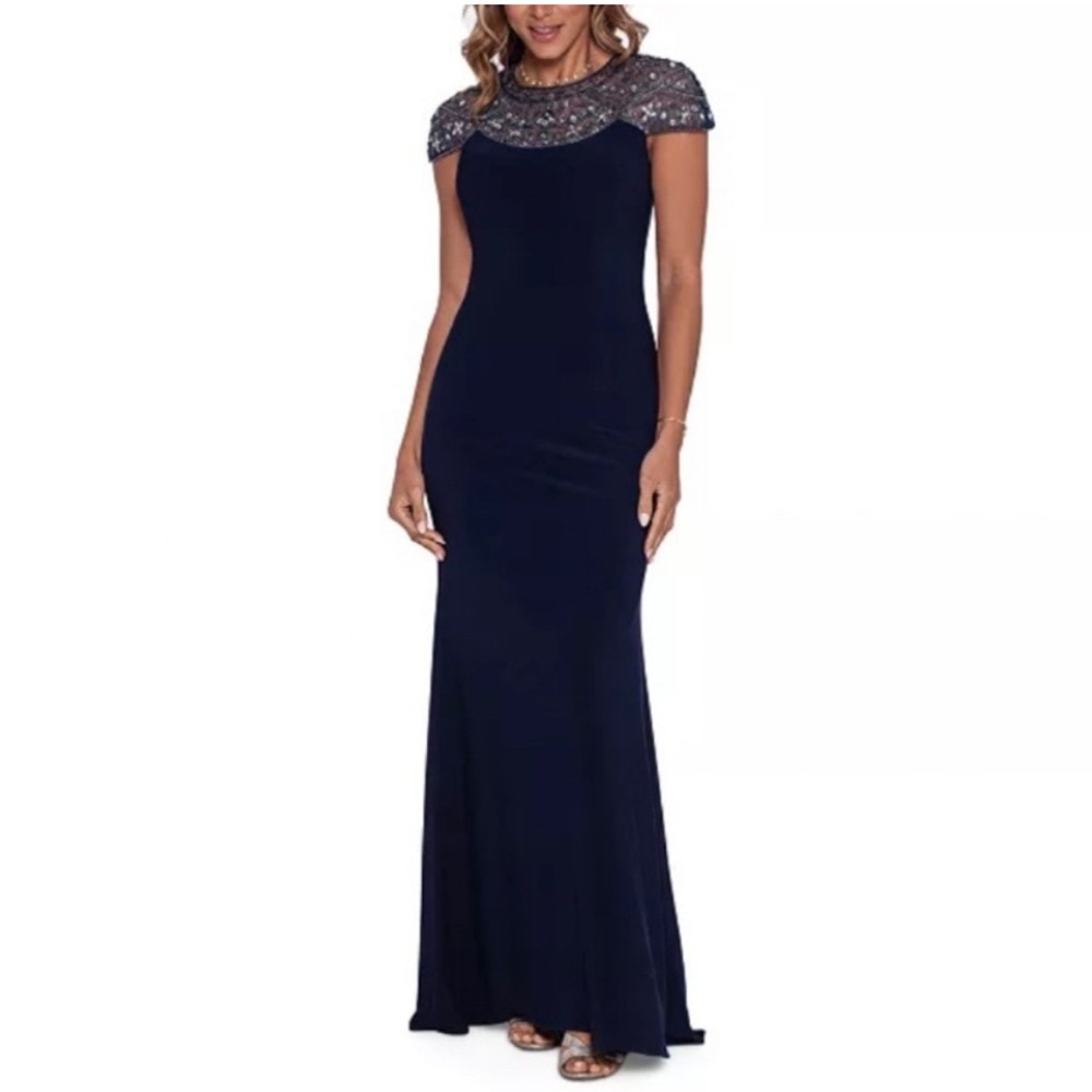 Betsy & Adam Beaded-Yoke Cap-Sleeve Gown